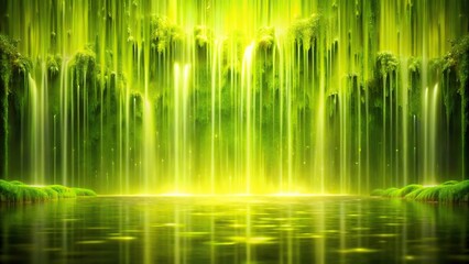 Chartreuse background with dripping waterfalls creating a mesmerizing effect, wet terrain, outdoor scene, chartreuse