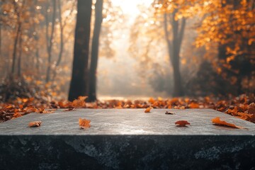 Ground level angle view, solid matte gray surface with a cinematic surrounding of fog-filled autumn forest, golden ambient lighting, and rich orange hues, highlighting copy space, ad promo template