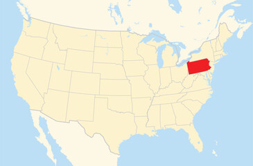 Symbol Map of the State Pennsylvania (United States of America) showing the Contiguous United States with the highlighted state