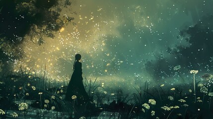 Enchanted Forest: A Woman Stands Silhouetted Against Glowing Lights