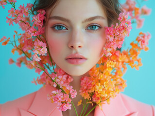 Fototapeta premium Close-up of a beautiful bouquet of orange and pink flowers against a blue background. Vivid and contemporary floral concept.