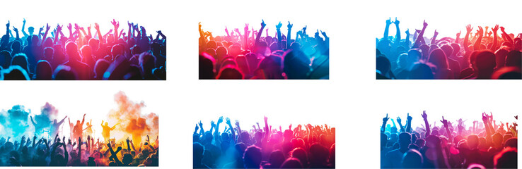 Excited crowd at a lively night concert with colorful lights. Set of png on transparent background
