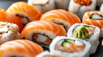 A close-up view of a selection of sushi rolls, featuring salmon, crab, avocado, and other ingredients.