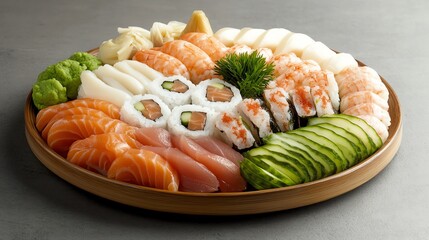A large platter of sushi with various rolls, nigiri, and sashimi.