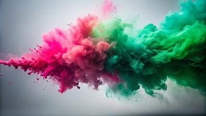 Fototapeta premium Green Smoke and Pink Dust Explosion on White Background for Air Filtration Concepts