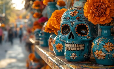 a blue skull with orange flowers on a shelf

