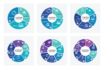 Set of pie chart circle infographic templates with 3-8 options.