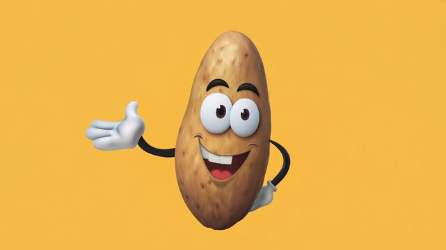 happy animated potato character with big eyes and a friendly smile, waving against a yellow background