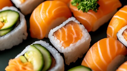 Close-up of various salmon sushi rolls, featuring cucumber, avocado and rice.
