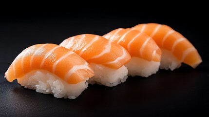 Four pieces of salmon nigiri sushi arranged on a black surface.