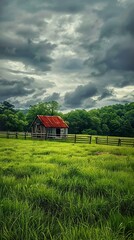 Obraz premium Rustic Farmhouse in a Green Field Under a Stormy Sky