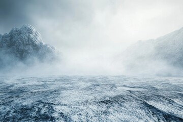Naklejka premium Ground level angle view, surface of sleek limestone, with a cinematic surrounding of fog-filled winter landscape, cool blue lighting, and soft white tones, highlighting copy space, ad promo template, 
