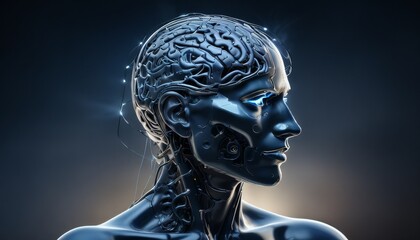 A woman's face is shown in a futuristic style, with a metallic look