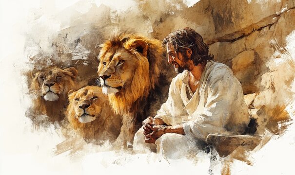 Daniel in the lions' den. Daniel and the Very Hungry Lions. Digital watercolor painting, Generative AI