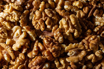 Scattered Shelled Walnuts. Background from Walnut. Natural High-Calorie Snacks