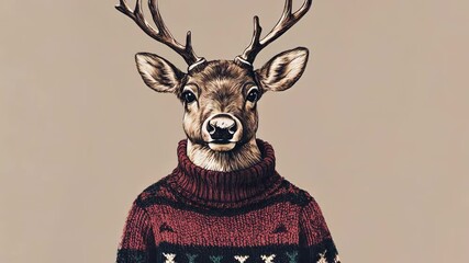 A deer wearing a red sweater with a white and black pattern looks directly at the camera