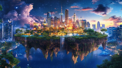 Fototapeta premium Fantasy island floating in the air, featuring a modern city skyline and a lake garden, depicted in a night scene