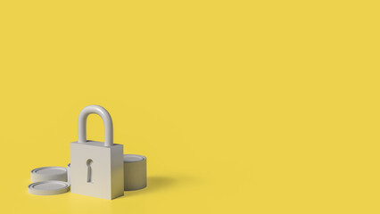 The Lock key and coins on yellow color background for security concept 3d rendering,