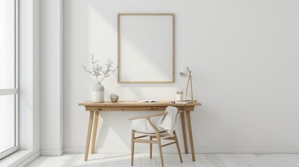 A minimalist home office with white walls and a light wooden desk. A blank picture frame stands on the desk, alongside a simple glass vase with a single flower. Soft