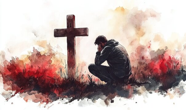 Man kneeling and praying in front of the cross. Digital watercolor painting, Generative AI