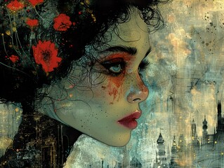 Dreamlike Portrait of a Woman with Cityscape Background