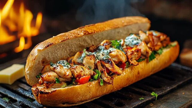A grilled chicken sandwich with a creamy sauce sits on a grill, with flames in the background