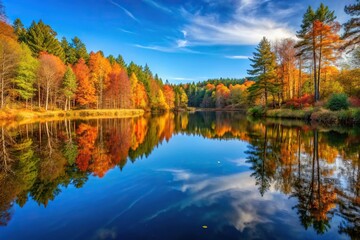 Low angle landscape view of small lake with autumn forest reflection on water under blue sky