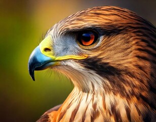 Naklejka premium A close-up portrait of a red-tailed hawk showcasing its fierce eye and sharp beak, highlighting its status as a powerful bird of prey in the wild