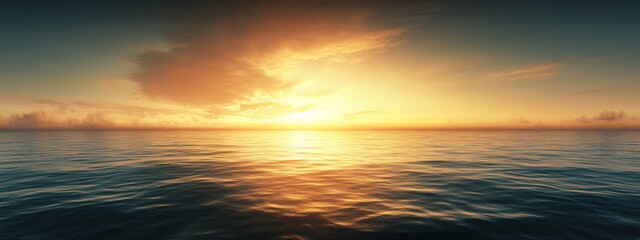 Fototapeta premium golden sunrise casting warm light over a calm ocean, with subtle waves and a clear horizon