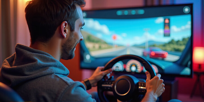 Gamer playing a car racing simulation at home with a steering wheel controller and having fun, e-sports and gaming industry