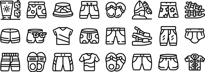 Male beach wear icons set. Line icons set of man clothes and accessories for summer holidays, beach vacation and travel