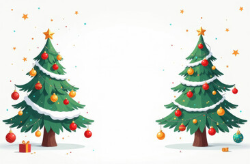 Two decorated Christmas trees with gifts standing in the snow, New Year card with free space for text