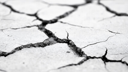 Obraz premium Black and white close-up of cracked concrete, symbolizing the impact on global water scarcity.