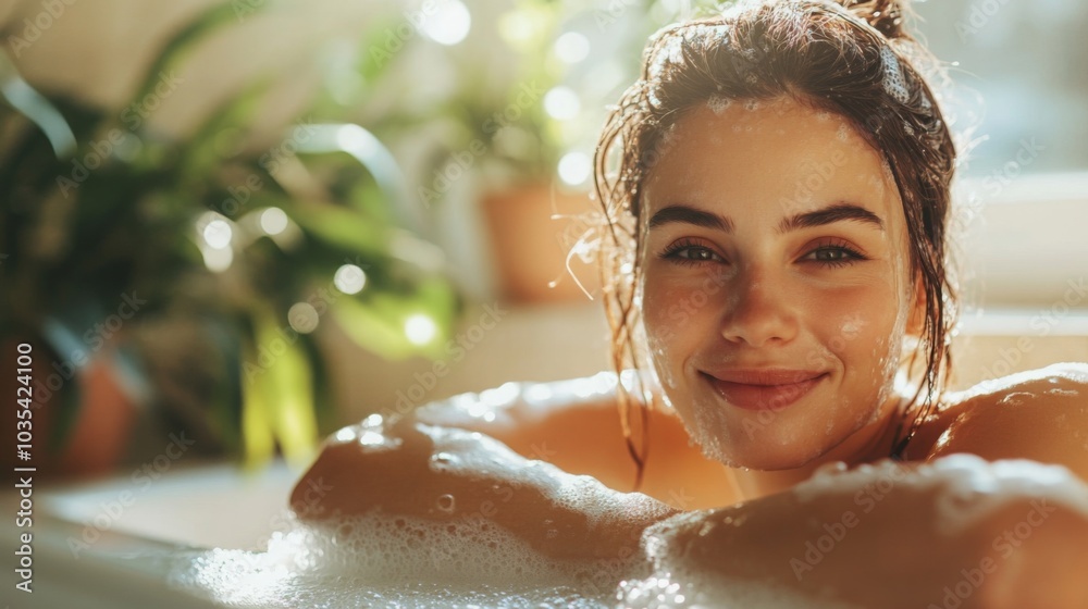 Aufkleber the woman relaxes in a bubble bath, smiling contentedly as sunlight filters through the window. lush