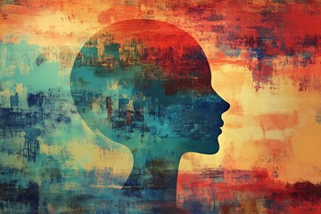 Fototapeta premium Silhouette of a head blending into a textured, colorful backdrop, symbolizing creativity, abstract thinking, and the connection between mind and art.