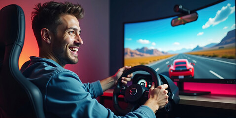 Gamer playing a car racing simulation at home with a steering wheel controller and having fun, e-sports and gaming industry
