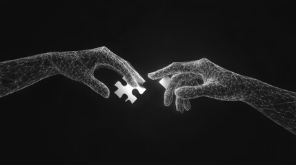 Obraz premium A low poly mesh wireframe illustration of hands assembling a puzzle, symbolizing business strategy and success solutions. This design represents concepts like creative ideas, connection, challenges, a