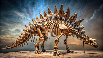 Low angle view of a fossilized stegosaurus skeleton, providing a glimpse into the Jurassic era