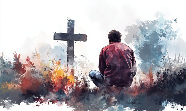 Young man kneeling and looking at the cross. Digital watercolor painting, Generative AI