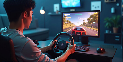Gamer playing a car racing simulation at home with a steering wheel controller and having fun, e-sports and gaming industry