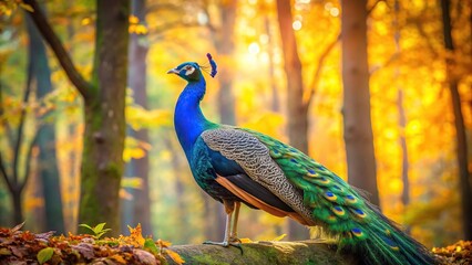 Obraz premium Low angle view of a peacock in a forest setting with vibrant colors