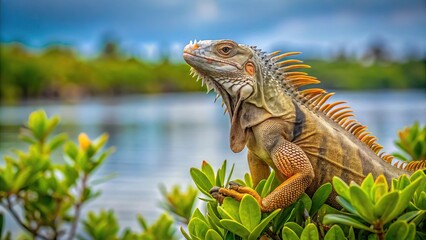 Fototapeta premium Low angle view of an iguana posing on top of a mangrove tree in a swamp