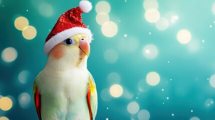 Obraz premium Portrait of a joyful Cockatiel wearing a Christmas hat, set against a vibrant turquoise studio backdrop with bright lighting, copy space, Cockatiel Christmas hat, festive bird portrait, holiday animal