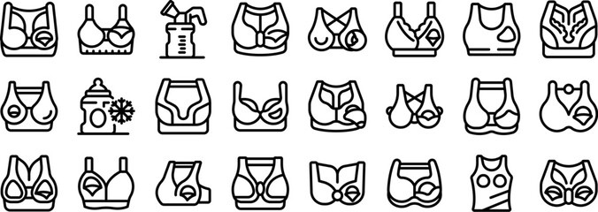 Nursing bra icons set. Different types of bras and accessories for breastfeeding mothers in black outline thin line style