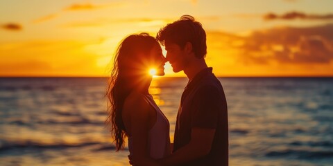 Fototapeta premium Silhouettes of couple kissing at sunset by the sea.