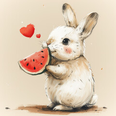 Rabbit is holding a watermelon in its mouth