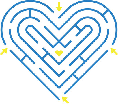 Heart maze with goal and exits. Find path game