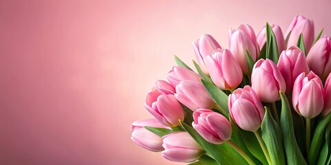 Obraz premium Low angle view of elegant pink tulip bouquet on soft pink background, perfect for spring themes