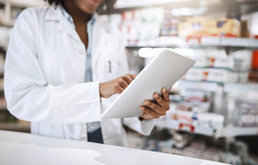 Pharmacist, tablet and woman for healthcare, medicine and digital vaccine prescription in health...