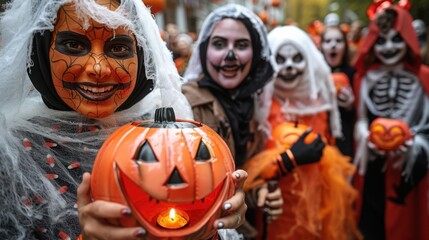 Group of friends in spooky face paint holding a jack o lantern at a Halloween party

